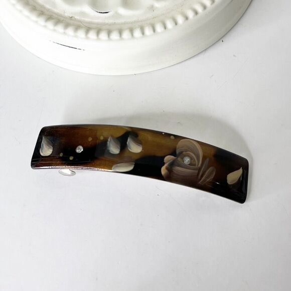 Vintage 90s Y2K Acrylic French Barrette Metal Clasp Painted Flower Rhinestone - Picture 1 of 16